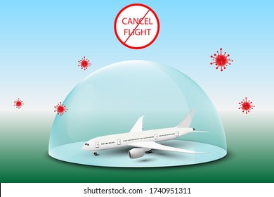 vuelo cancelado vector, prohibición de vuelo, prohibición de vuelo debido al virus COVID-19, parada del coronavirus, pandemia del coronavirus. Avión con miedo.
