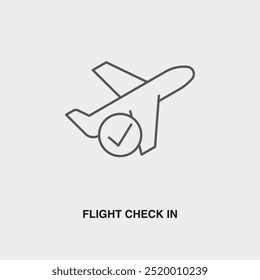 Vuelo Check In icono de línea delgada o logotipo. Símbolo o letrero en la línea aérea o tema del App de viajes. Ilustración de línea de Vector.