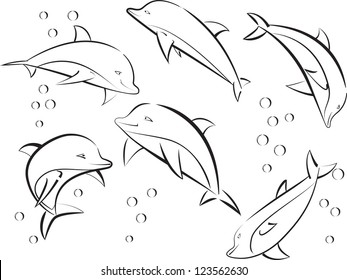 Flight of cheerful sea dolphins in a vector