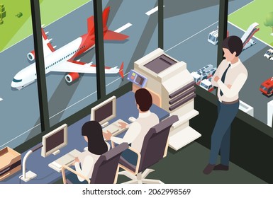 Flight command center. Airplane tracking controlling team airport launching room with surveillance panel garish vector flat background