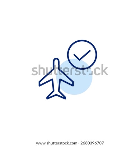 Flight confirmed, booking approved. Plane and checkmark. Pixel perfect, editable stroke vector icon