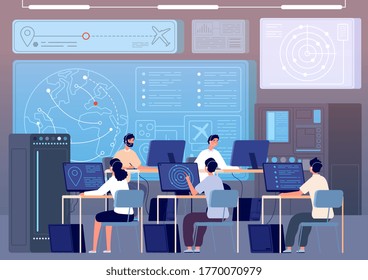 Flight control center. Airport command room, fly track controlling. Operators surveillance international transportation vector illustration