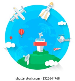 Flight control center cartoon style, flat design.