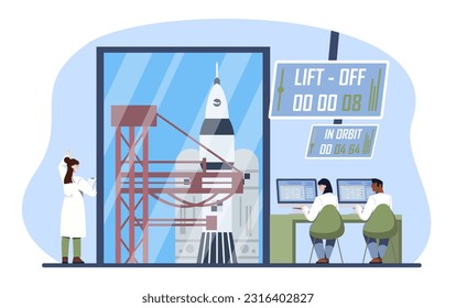 Flight control center concept. Men and women in medical suits look through glass at rocket flight. Team of scientists and engineers. Space mission and station. Cartoon flat vector illustration