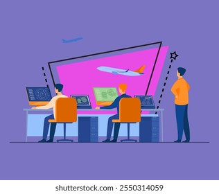 Ilustración vectorial plana aislada del centro de control de vuelo. Sala de comandos del aeropuerto de dibujos animados o torre para el control de la pista de mosca. Transporte internacional y concepto de fin de semana