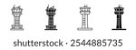Flight control tower icon collection in black and white filled and solid vector style.