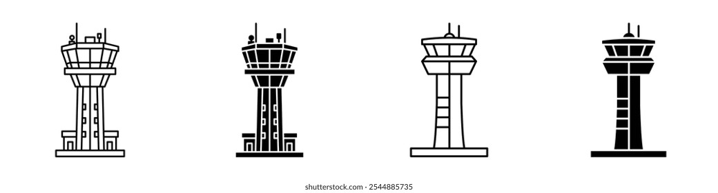 Ikonenkollektion des Flugkontrollturms in schwarz-weiß gefülltem und massivem Vektorstil.