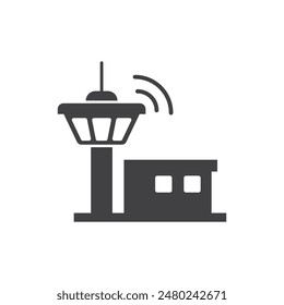 Flight control tower icon in flat style. Navigation monitor vector illustration on isolated background. Airport building sign business concept.