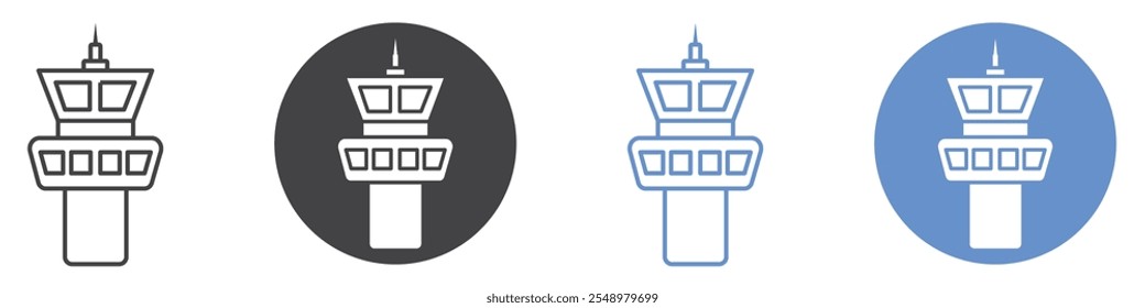 Flight control tower icon flat line symbol set.