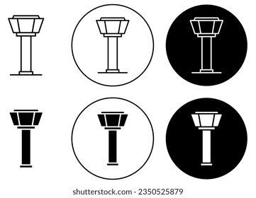 Turm-Symbol für die Flugsteuerung eingestellt. Turm-Vektorsymbol des Flughafenflugzeugs in schwarz gefülltem und umrissenem Stil.