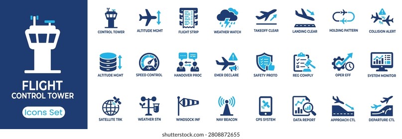 Flight Control Tower icon set. Containing control tower, altitude management, weather watch, takeoff clearance, safety protocol and more. Solid vector icons collection