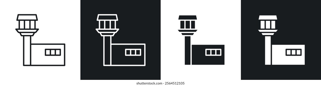 Flight control tower icons collection in black filled and line style.