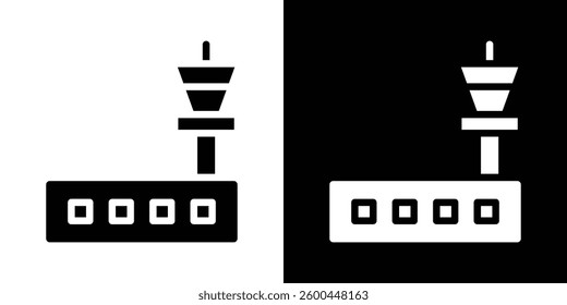 Flight control tower icons vectors set in solid style.