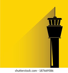 flight control tower on yellow background, shadow and flat style