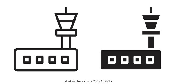 Flight control tower vector icon set in black.
