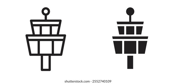 Conjunto de iconos de Vector de torre de control de vuelo con estilo relleno y delineado en negro.