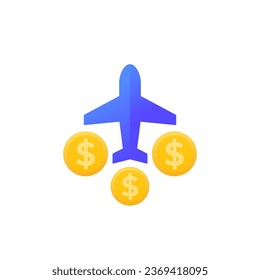 Flight cost icon with airplane, vector