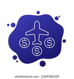 Flight cost line icon with airplane, vector