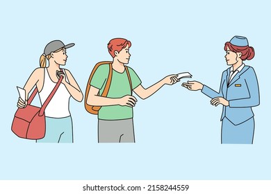 Flight Crew Check Travelers Plane Tickets Before Boarding In Airport. Stewardess Take Boarding Pass Of People Tourists Before Flight. Traveling Concept. Flat Vector Illustration. 