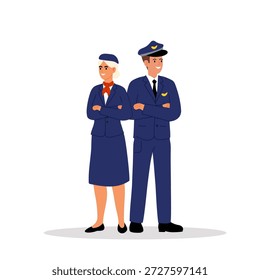 Tripulación de vuelo. Piloto y azafata de pie a toda altura. Hombre y mujer amables y sonrientes en trajes azules. Ilustración vectorial plana.