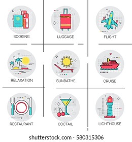 Flight Cruise Bus Trip Tour Tourism Transport Icon Set Vector Illustration