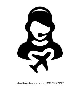 Flight Customer service icon vector female person profile symbol for travel and holidays support helpline in glyph pictogram illustration