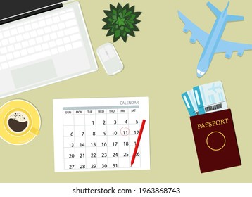 Flugterminkonzept. Arbeitstisch mit Laptop, Kalender, Reisepass, Tickets und Flugmodell. Vektorgrafik