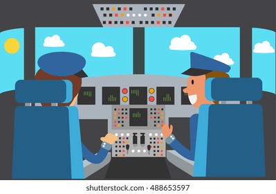 Flight Deck of modern aircraft cockpit. Pilot and copilot in plane at work. Airplane. Vector illustration