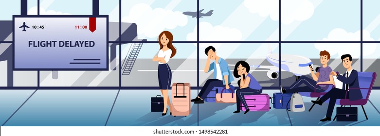 Flight delay or cancel concept. Vector flat cartoon illustration. Tired and upset passengers with luggage waiting for departure at airport terminal