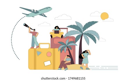 Flight delay, flight canceled, stuck on an island, shipwreck, lost, search for a way, foreign country. Flat vector illustration