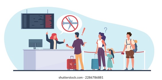 Flight delay or cancellation, passengers upset by flight termination. People registers waiting plane departure, travellers with luggage in queue cartoon flat illustration. Vector concept