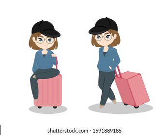 Flight delay. Girl dragging and sitting on a pink luggage. Vector illustration.
