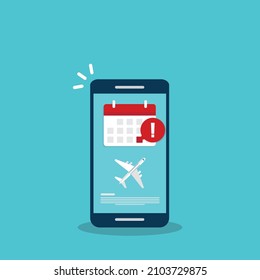 Flight delay info or travel agenda. Online reminder. Important airline airplane departure notification message on mobile phone.