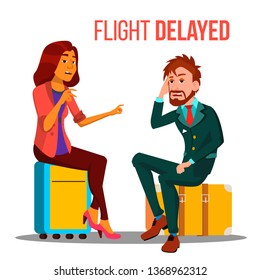 Flight Delayed, Cancelled Cartoon Vector Poster Template. Tired, Stressed People In Airport Terminal. Man And Woman Sitting On Suitcases In Departure Lounge. Travel, Business Trip Flat Illustration