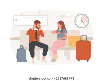 O voo atrasou ilustrações isoladas de vetor de desenhos animados. Casal infeliz esperando para a partida no aeroporto, voos cancelados, problema de embarque no avião, pessoas estilo de vida vetor cartoon.