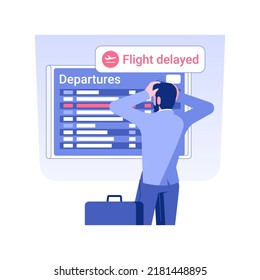 Flight delayed isolated concept vector illustration. Upset businessman with ticket looks at timetable, business class travel, departure cancellation, scoreboard in the airport vector concept.