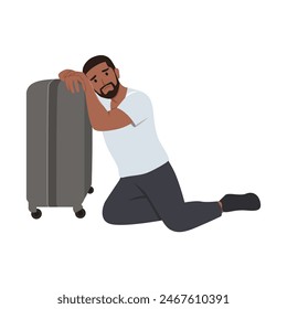 Flight delayed, postponed, canceled. Young businessman or manager is very upset. Flat vector illustration isolated on white background