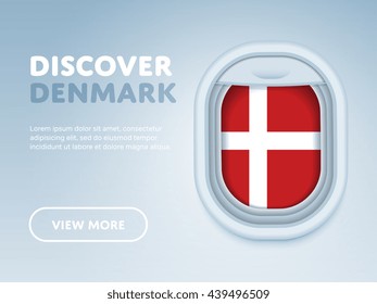 Flight to Denmark traveling theme banner design for website, mobile app. Modern vector illustration. Vacation. Tourism concept. Travel banner. Adventure in Denmark. Journey.