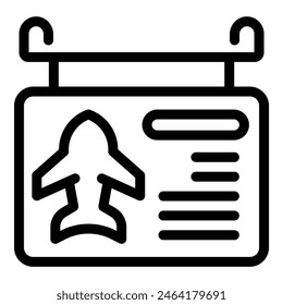 Flight departure board icon with airplane, flight information, and airport sign for travel schedule symbol design in black and white vector graphic