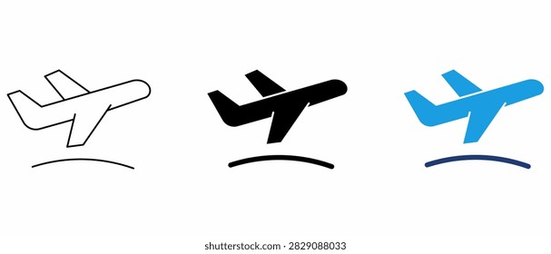 Flight departure plane icon bundle. Symbol for travel agency, airport navigation, airline ticket booking, flight status, tourism, global transportation, jet departure, and vacation planning.