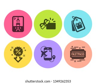 Flight destination, Coupons and Crane claw machine icons simple set. Opened gift, Discount and Fastpass signs. Airplane trip, Shopping tags. Holidays set. Flat flight destination icon. Circle button