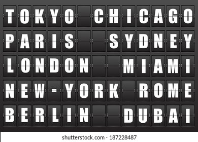 Flight destination, information display board named world cities Tokyo, Chicago, Paris, Sydney, London, New York, Berlin, Dubai, Miami, Roma. Scoreboard airport. Illustration. Vector. 