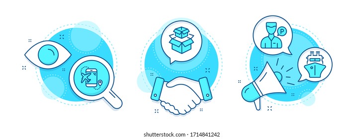 Flight destination, Ship and Packing boxes line icons set. Handshake deal, research and promotion complex icons. Valet servant sign. Airplane trip, Shipping watercraft, Delivery box. Vector