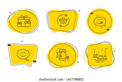 Flight destination, Yummy smile and Bumper cars signs. Chat bubbles. Surprise boxes, Smile chat and Refresh cart line icons set. Holiday gifts, Happy face, Online shopping. Airplane trip. Vector