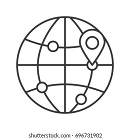 Flight destinations linear icon. Worldwide travel locations. Thin line illustration. Globe model with route points and map pinpoint. Contour symbol. Vector isolated outline drawing