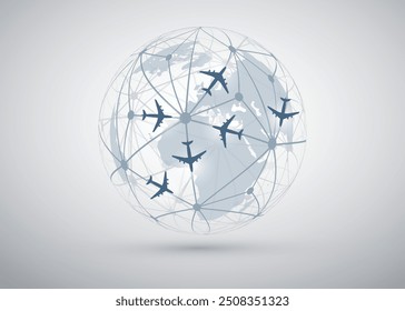 Flight Destinations, Traveling Around the World - Travel by Airplane - Earth Globe Design Concept with Many Planes En Route to Intercontinental Destinations in Africa, Europe and All Around the Globe