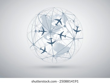 Flight Destinations, Traveling Around the World - Travel by Airplane - Earth Globe Design Concept with Many Planes En Route to Intercontinental Destinations in North, South America, Around the Globe