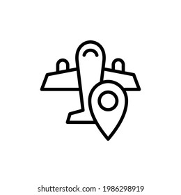 Flight direction icons. Plane with location sign. Simple design. Line and solid styles. Isolate on white background.