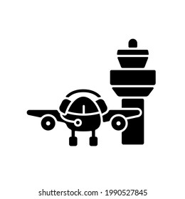 Flight dispatch black glyph icon. Air traffic control tower. Light aircraft. Controller pilot communication. Safety flight. Silhouette symbol on white space. Vector isolated illustration