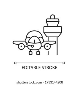 Flight dispatch chalk linear icon. Air traffic control tower. Controller pilot communication. Thin line customizable illustration. Contour symbol. Vector isolated outline drawing. Editable stroke